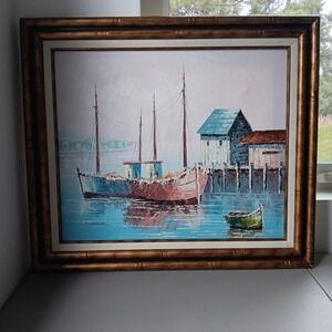 MCM Original KESWICK Oil Painting Fishing Boats in Harbor PINK SKY Calm Nautical
